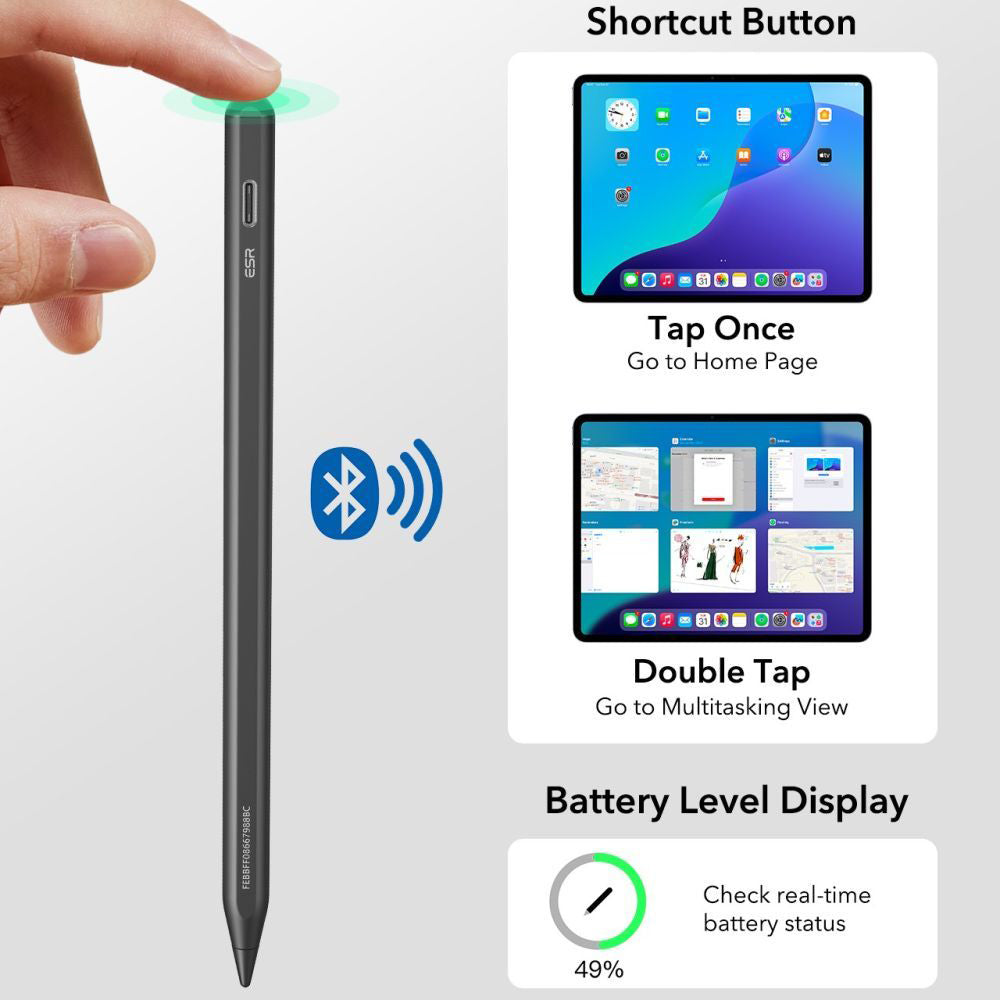 ESR - Stylus Pen Geo (6C00601) - for iPad, Magnetic Attachment, Bluetooth, Type-C, Palm Rejection, Tilt Sensitivity - Bl