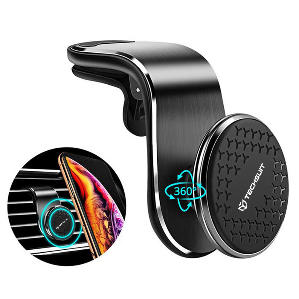 Techsuit - Car Holder AirGrip (S8) - Waterfall-Shaped, Magnetic N52 Secure Grip, for Air Vent, Clamp Grip - Black / Silv
