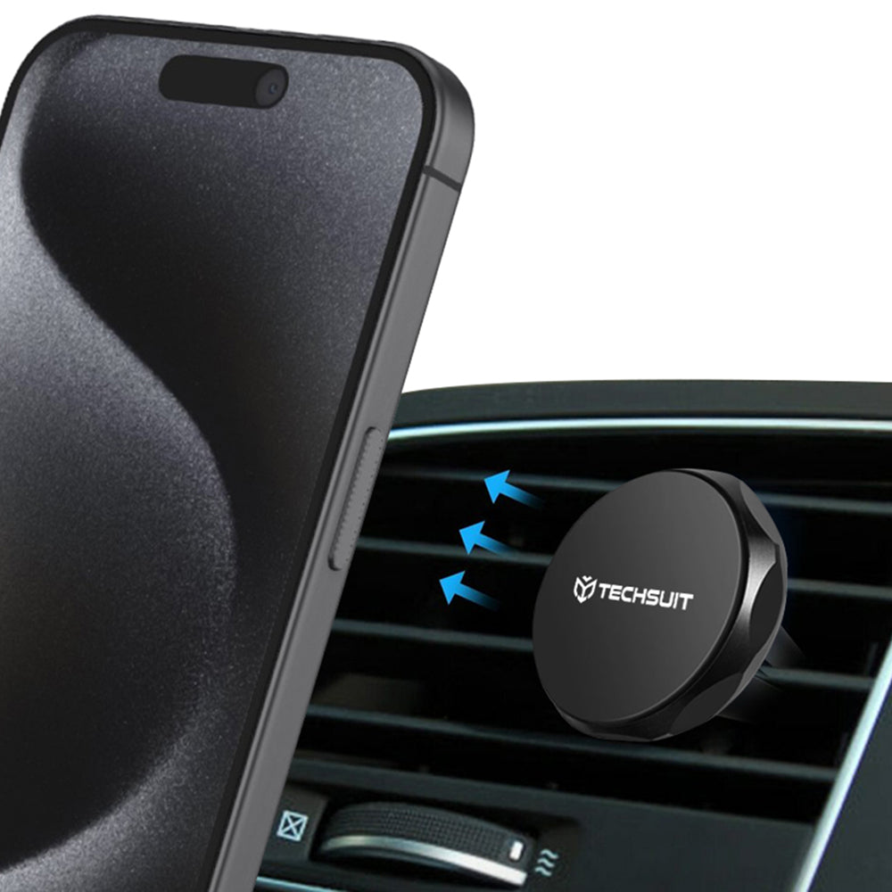 Techsuit - Car Holder TinyGrip (S9) - for Air Vent, with Metal Plate, Strong Magnet, Universal Compatibility - Black / S