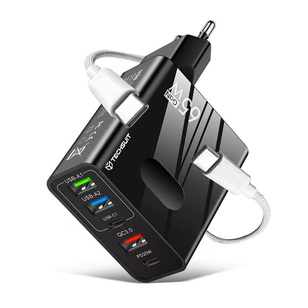 Techsuit - Premium Wall Charger PentaXPower (CHC1) - Type-C Cable Included, 3x USB, 2x Type-C PD 25W, 65W, GaN, 1m - Bla