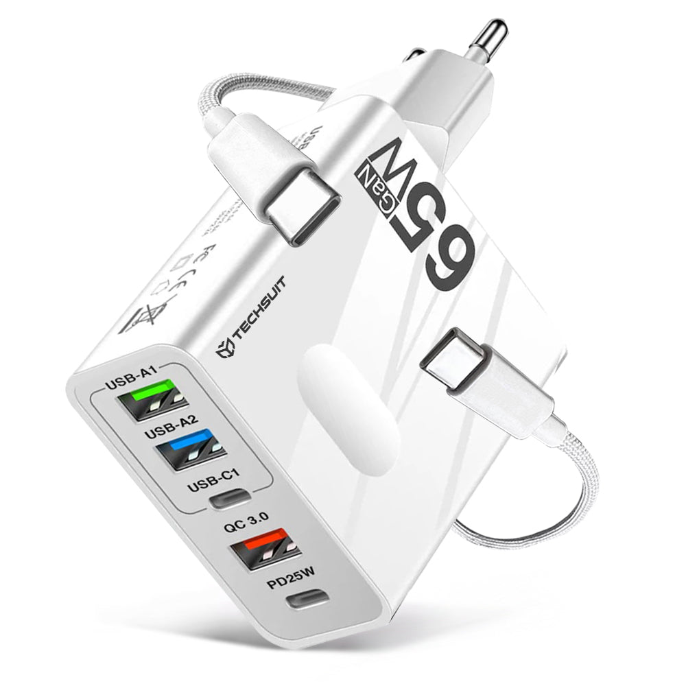 Techsuit - Premium Wall Charger PentaXPower (CHC1) - Type-C Cable Included, 3x USB, 2x Type-C PD 25W, 65W, GaN, 1m - Whi