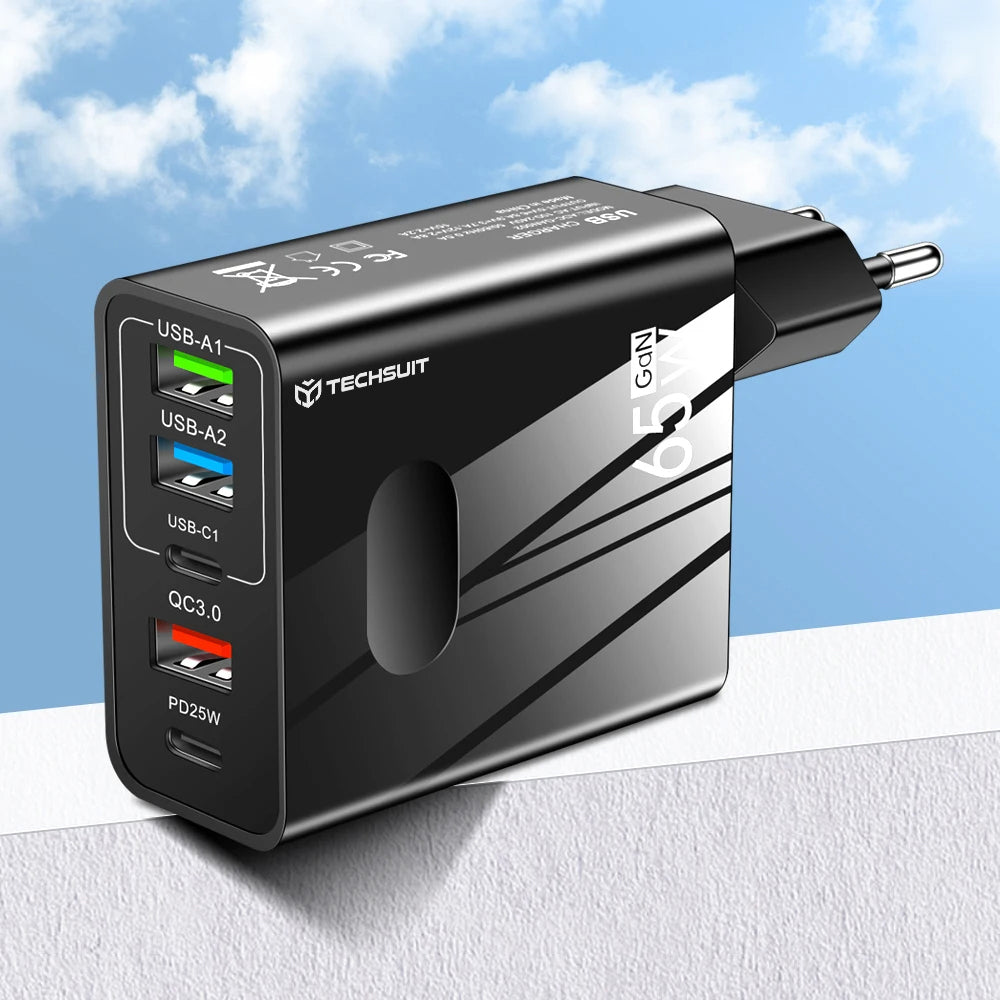 Techsuit - Premium Wall Charger PentaXPower (CHC1) - Type-C Cable Included, 3x USB, 2x Type-C PD 25W, 65W, GaN, 1m - Bla