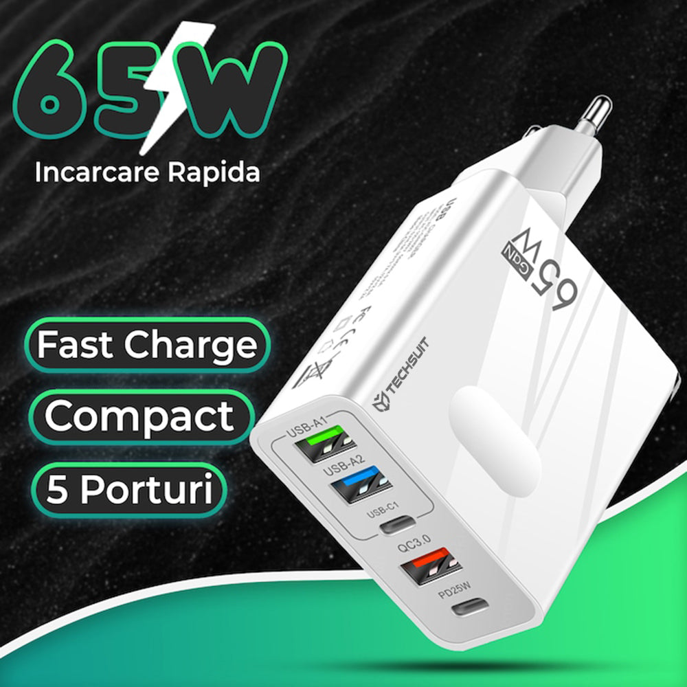 Techsuit - Premium Wall Charger PentaXPower (CHC1) - Type-C Cable Included, 3x USB, 2x Type-C PD 25W, 65W, GaN, 1m - Bla