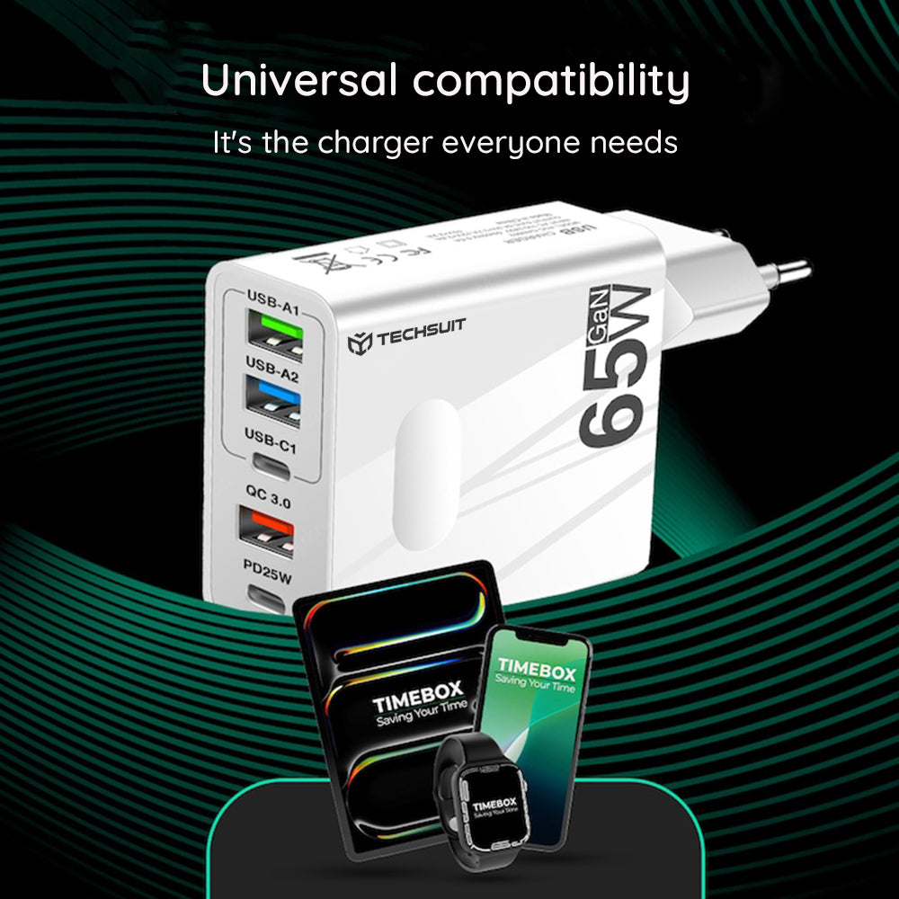 Techsuit - Premium Wall Charger PentaXPower (CHC1) - Type-C Cable Included, 3x USB, 2x Type-C PD 25W, 65W, GaN, 1m - Bla