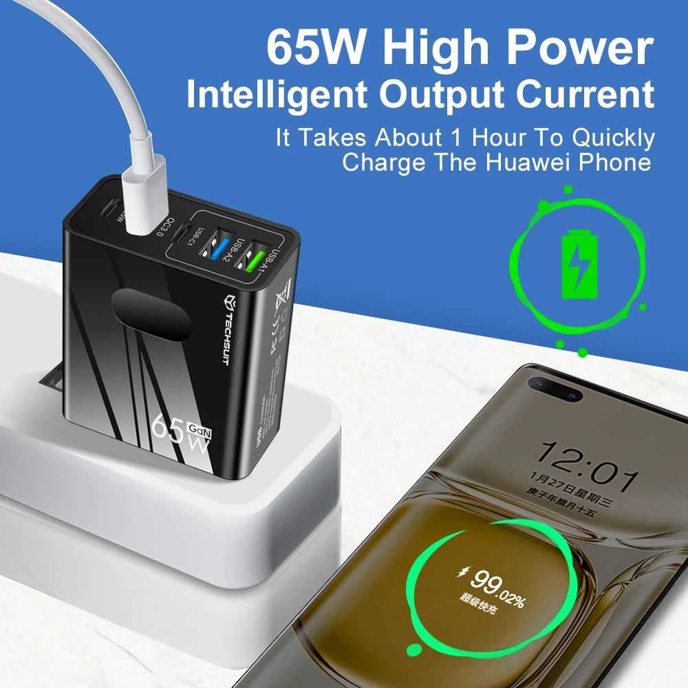 Techsuit - Premium Wall Charger PentaXPower (CHC1) - Type-C Cable Included, 3x USB, 2x Type-C PD 25W, 65W, GaN, 1m - Whi