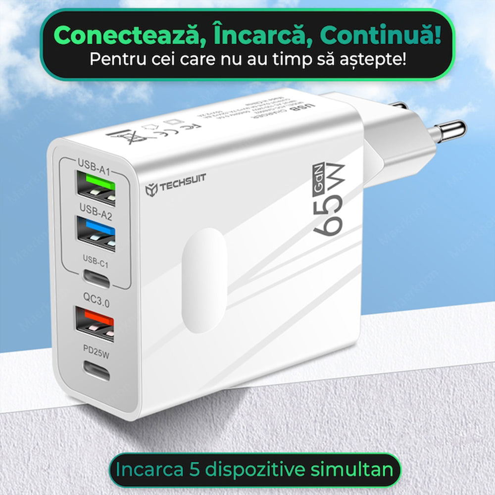 Techsuit - Premium Wall Charger PentaXPower (CHC1) - Type-C Cable Included, 3x USB, 2x Type-C PD 25W, 65W, GaN, 1m - Whi
