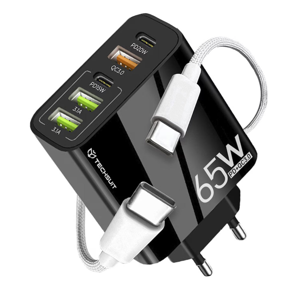 Techsuit - Premium Wall Charger PentaXPower (CHC2) - Type-C Cable Included, 3x USB QC 3.0, 2x Type-C PD 20W, 65W, 1m - B