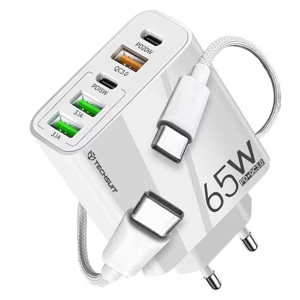 Techsuit - Premium Wall Charger PentaXPower (CHC2) - Type-C Cable Included, 3x USB QC 3.0, 2x Type-C PD 20W, 65W, 1m - W
