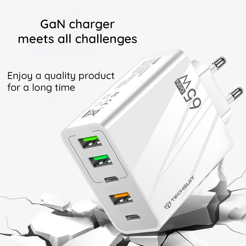Techsuit - Premium Wall Charger PentaXPower (CHC2) - Type-C Cable Included, 3x USB QC 3.0, 2x Type-C PD 20W, 65W, 1m - B