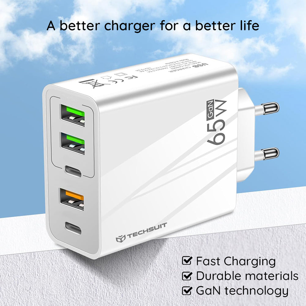 Techsuit - Premium Wall Charger PentaXPower (CHC2) - Type-C Cable Included, 3x USB QC 3.0, 2x Type-C PD 20W, 65W, 1m - B