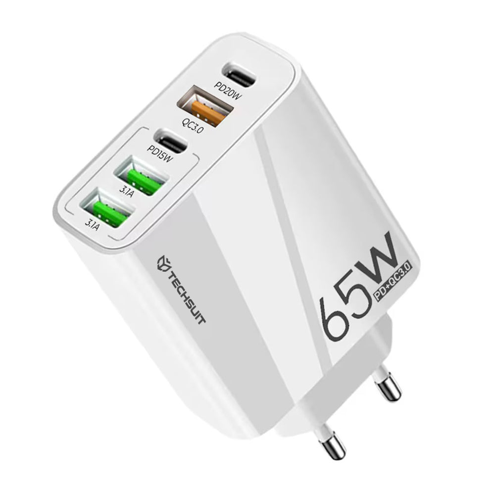 Techsuit - Premium Wall Charger PentaXPower (CHC2) - Type-C Cable Included, 3x USB QC 3.0, 2x Type-C PD 20W, 65W, 1m - W