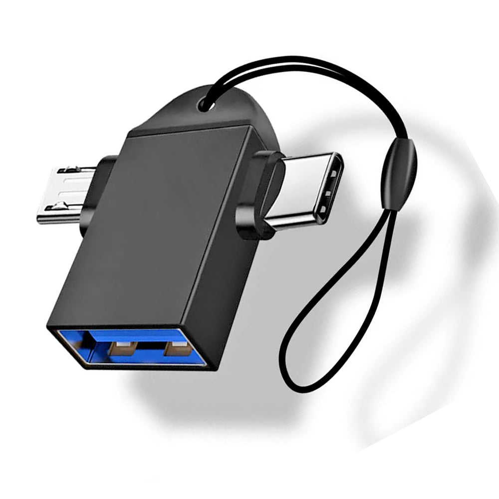 Techsuit - OTG Adapter TwoVoltX (A16) - 3in1, USB to Micro-USB + Type-C, Plug and Play, Aluminum Alloy - Black
