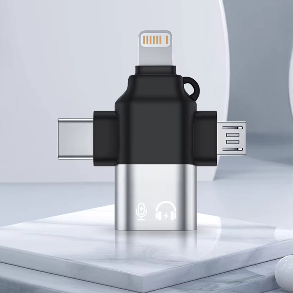 Techsuit - Premium OTG Adapter SoundVoltX (A17) - 4in1, USB to Micro-USB + Type-C + Lightning, Plug and Play - Black