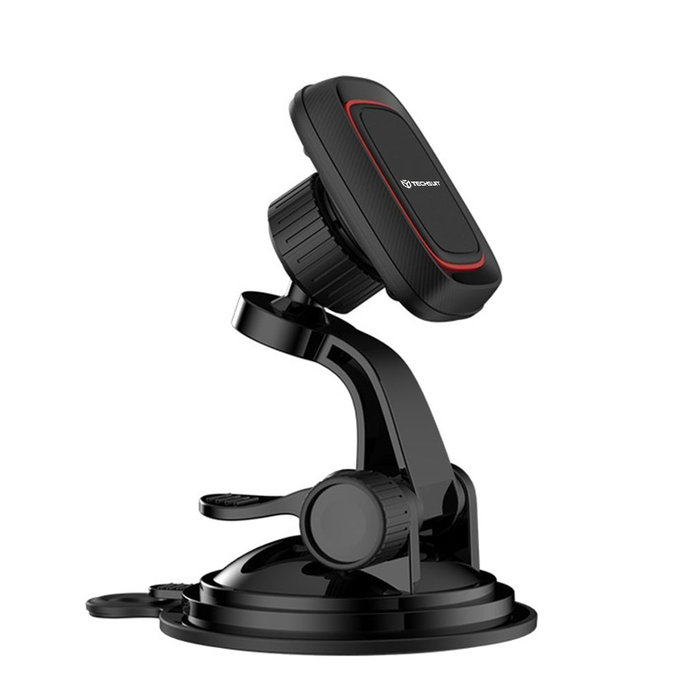 Techsuit - Car Holder MagGrip (S6) - for Dashboard, Magnetic Grip, 360° Rotation, Suction Cup, 2 Metal Plates - Black/Re