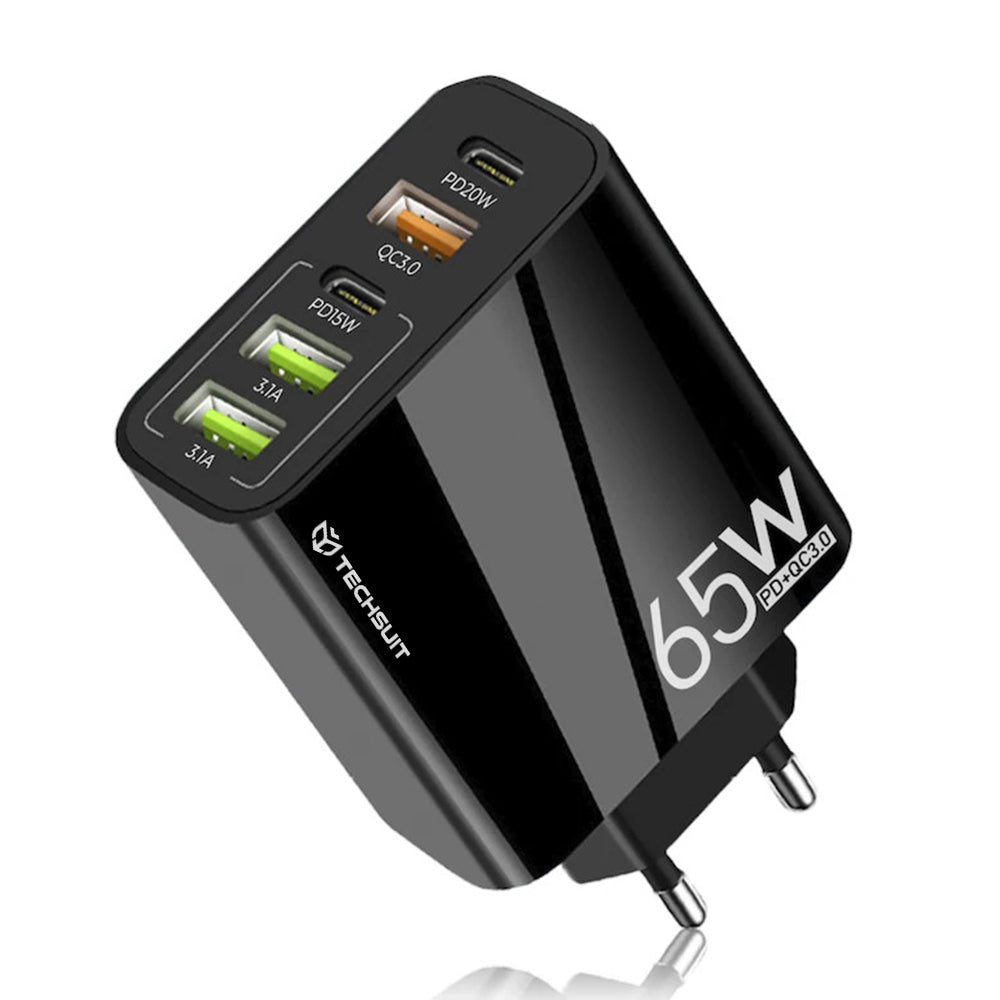 Techsuit - Premium Wall Charger PentaXPower (CHC2) - 3x USB QC 3.0, 2x Type-C PD 20W, 65W, GaN, Quick Charge - Black