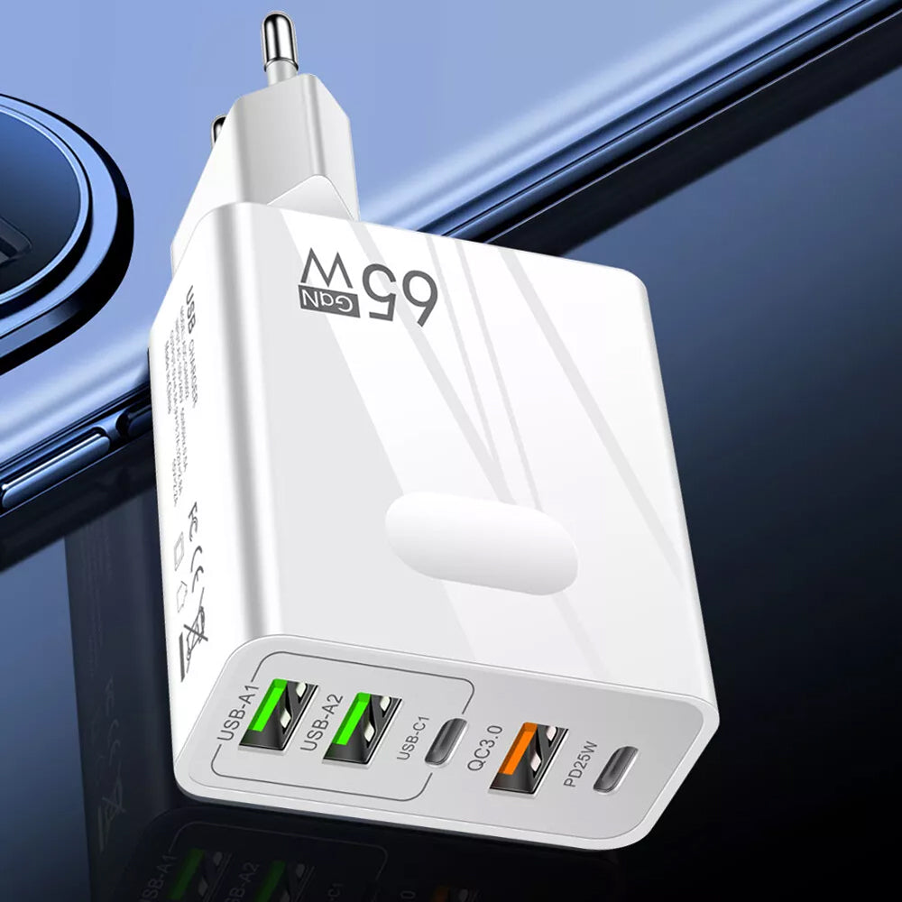 Techsuit - Premium Wall Charger PentaXPower (CHC1) - 3x USB, 2x Type-C PD 25W, 65W, GaN, Fast Charge - White