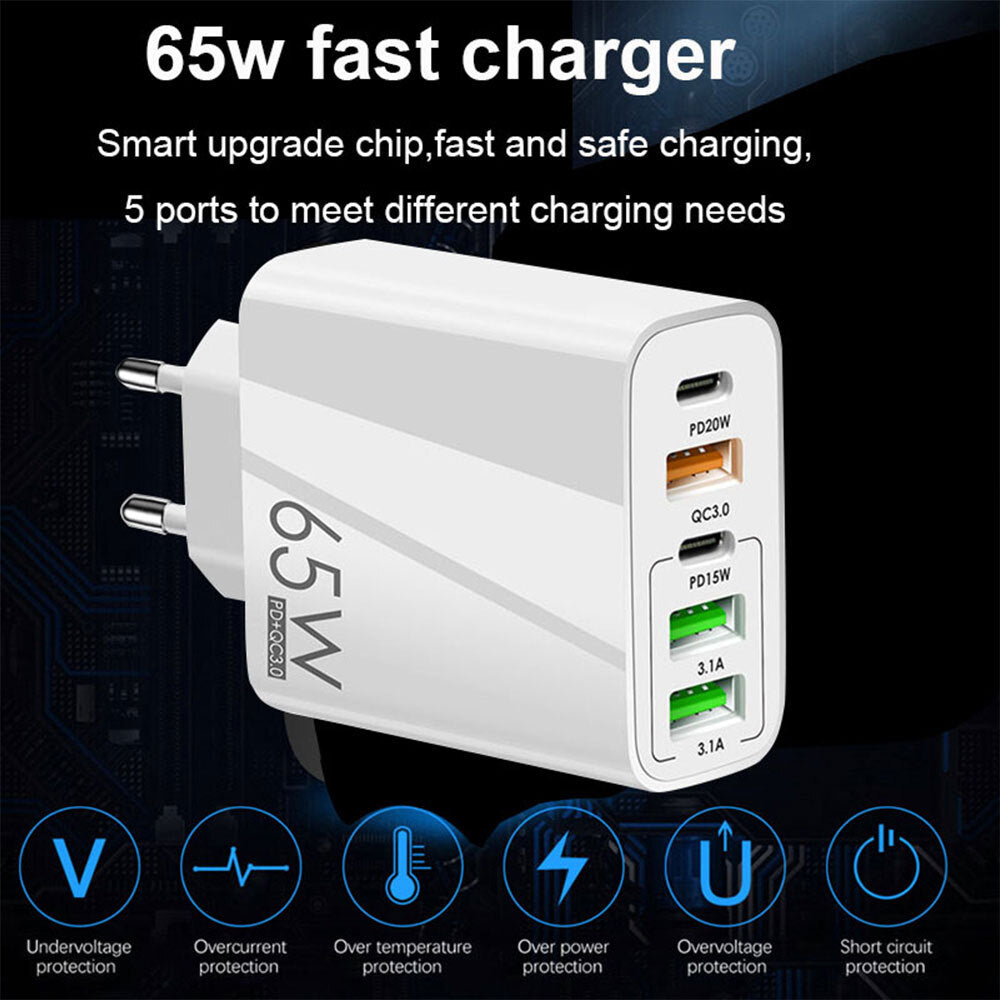 Techsuit - Premium Wall Charger PentaXPower (CHC2) - 3x USB QC 3.0, 2x Type-C PD 20W, 65W, GaN, Quick Charge - Black