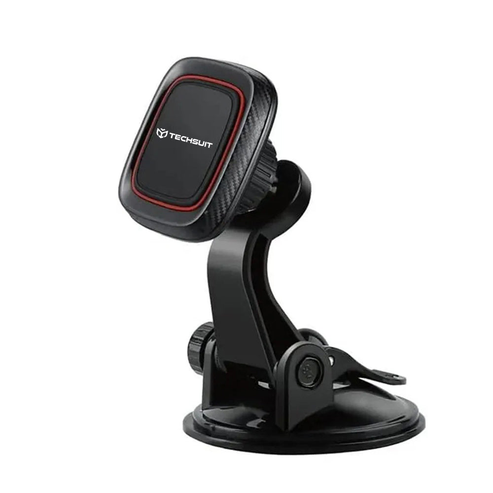 Techsuit - Car Holder MagGrip (S6) - for Dashboard, Magnetic Grip, 360° Rotation, Suction Cup, 2 Metal Plates - Black/Re