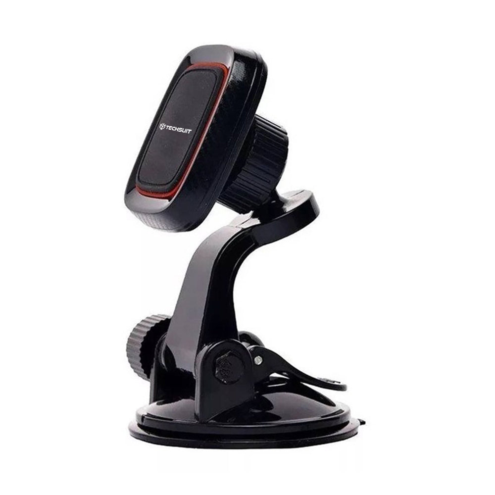 Techsuit - Car Holder MagGrip (S6) - for Dashboard, Magnetic Grip, 360° Rotation, Suction Cup, 2 Metal Plates - Black/Re