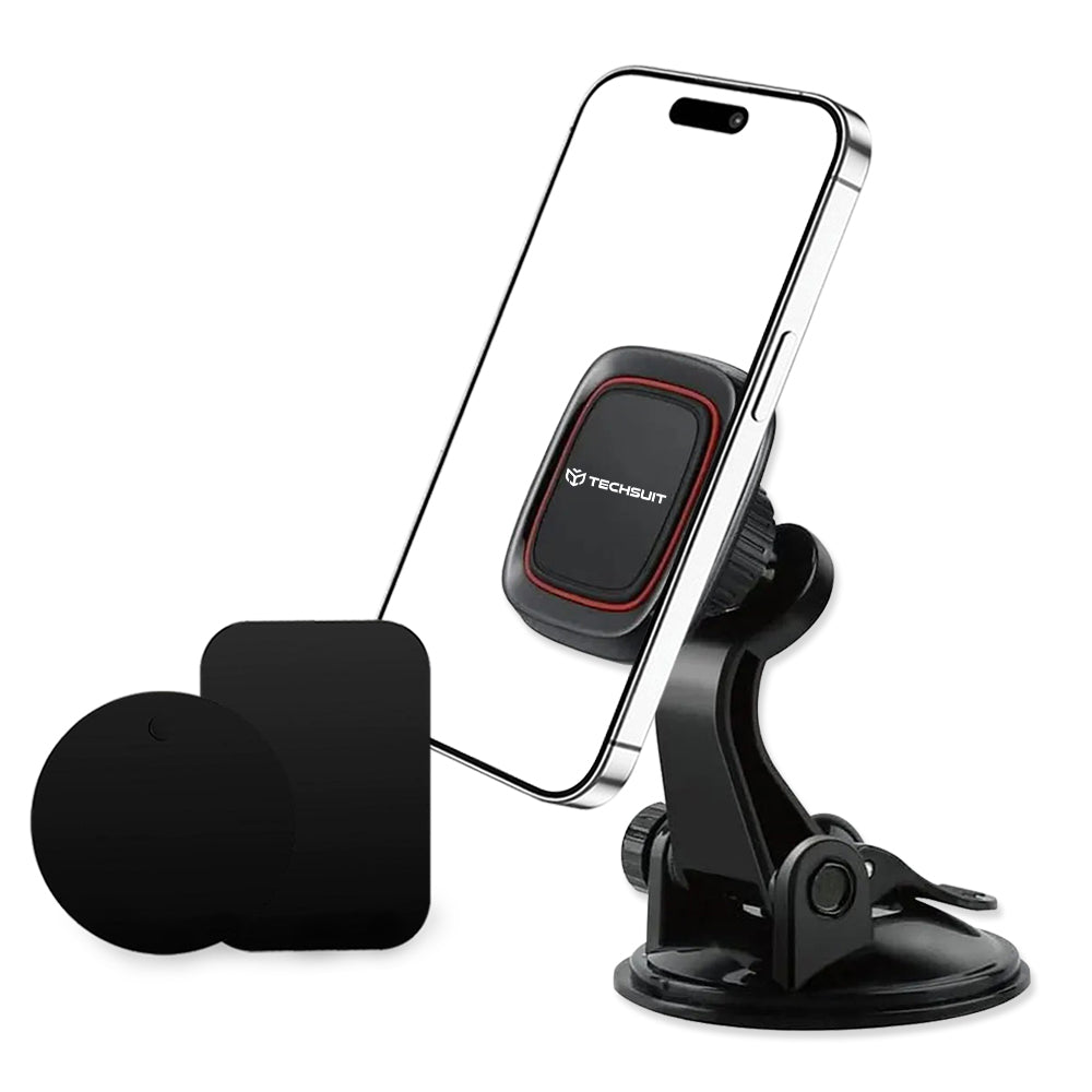 Techsuit - Car Holder MagGrip (S6) - for Dashboard, Magnetic Grip, 360° Rotation, Suction Cup, 2 Metal Plates - Black/Re