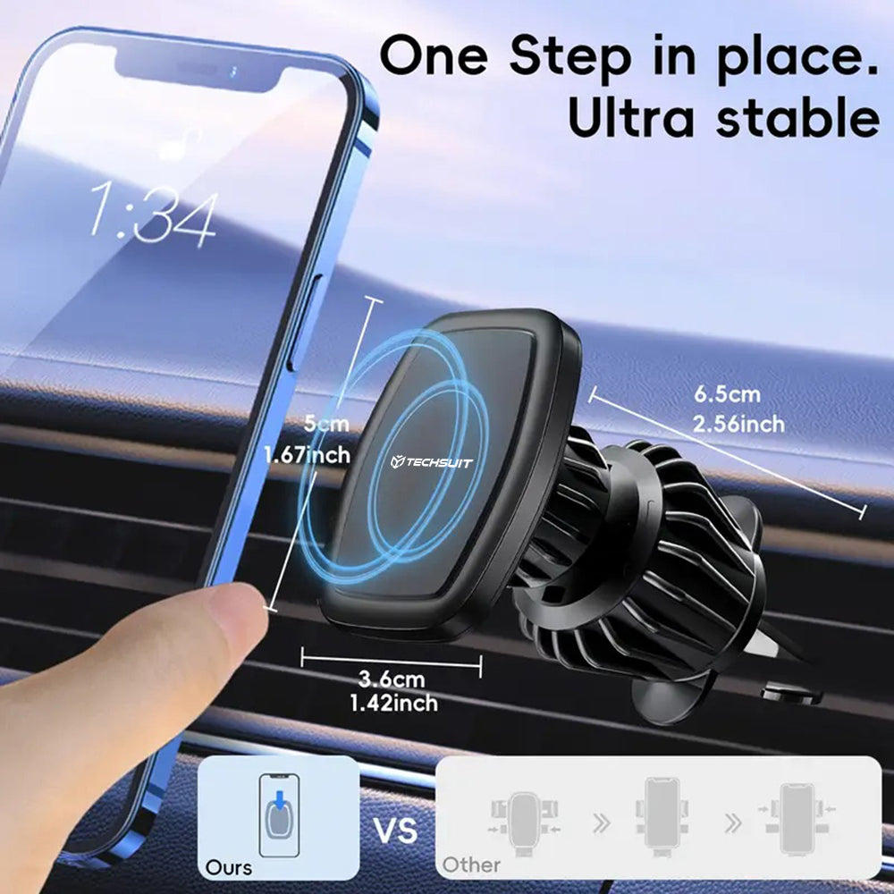 Techsuit - Car Holder AirFix (S2) - with Metal Plates, for Air Vent, Magnetic Car Mount N52, Rotation Angle 360° - Black