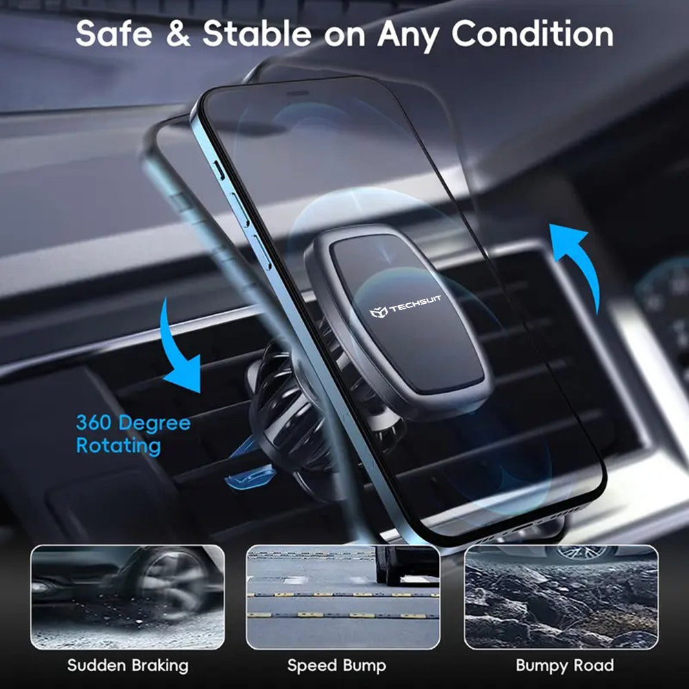 Techsuit - Car Holder AirFix (S2) - with Metal Plates, for Air Vent, Magnetic Car Mount N52, Rotation Angle 360° - Black