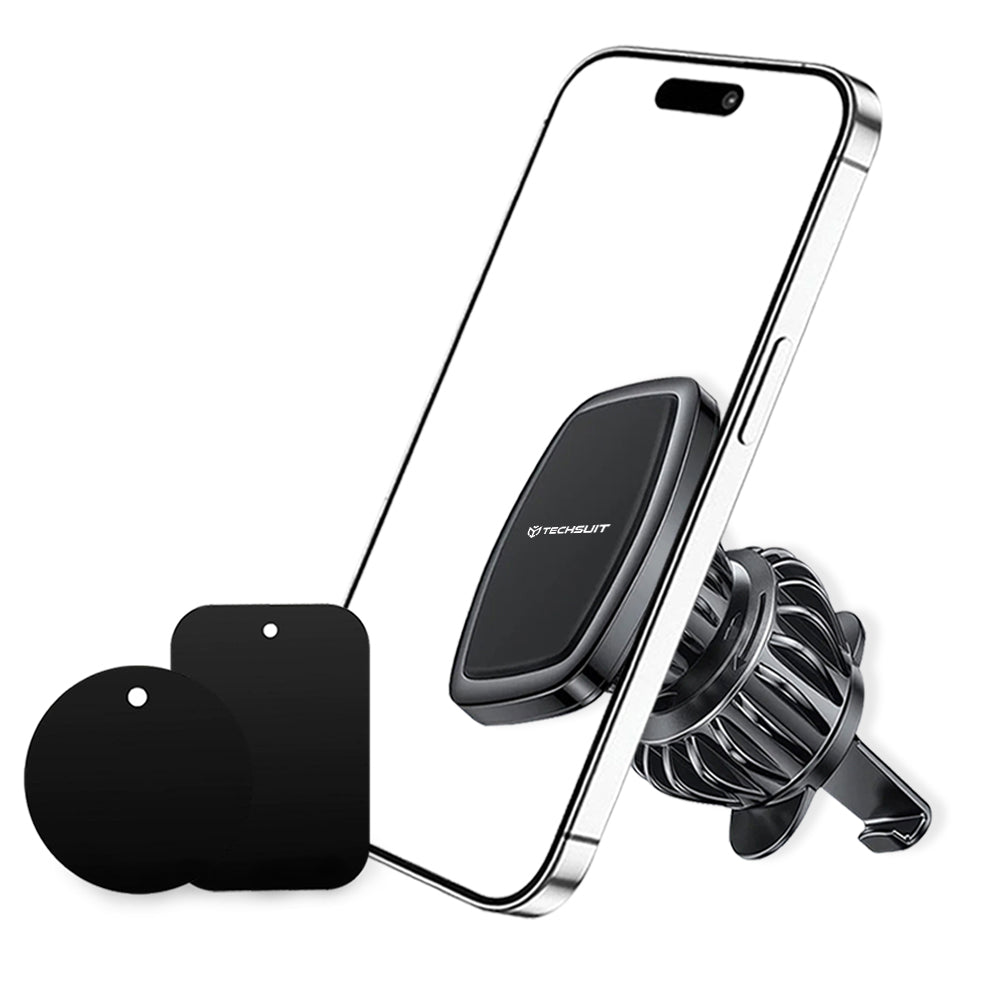 Techsuit - Car Holder AirFix (S2) - with Metal Plates, for Air Vent, Magnetic Car Mount N52, Rotation Angle 360° - Black