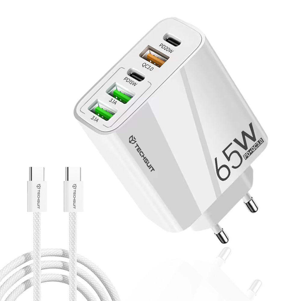 Techsuit - Premium Wall Charger PentaXPower (CHC2) - Type-C Cable Included, 3x USB QC 3.0, 2x Type-C PD 20W, 65W, 1m - W