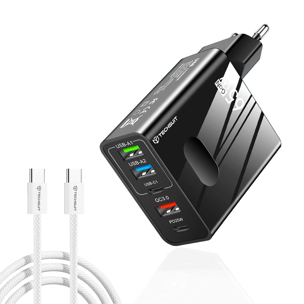 Techsuit - Premium Wall Charger PentaXPower (CHC1) - Type-C Cable Included, 3x USB, 2x Type-C PD 25W, 65W, GaN, 1m - Bla
