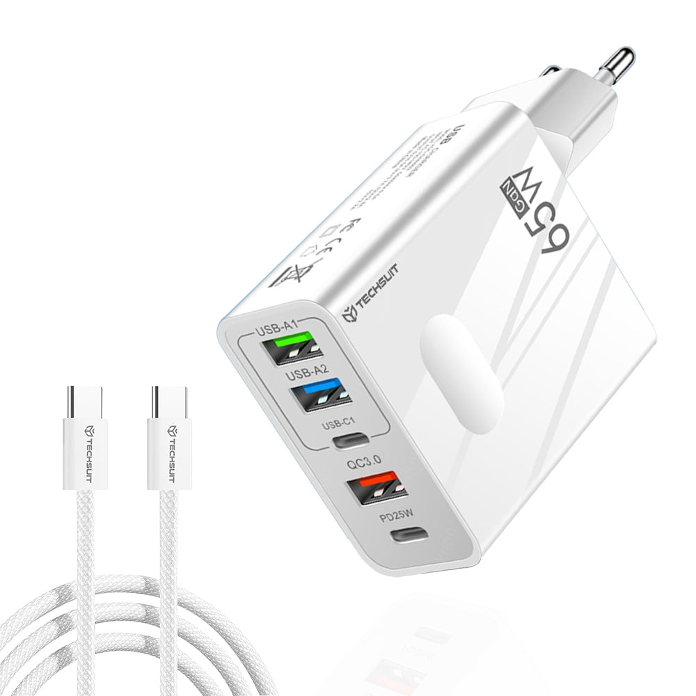 Techsuit - Premium Wall Charger PentaXPower (CHC1) - Type-C Cable Included, 3x USB, 2x Type-C PD 25W, 65W, GaN, 1m - Whi