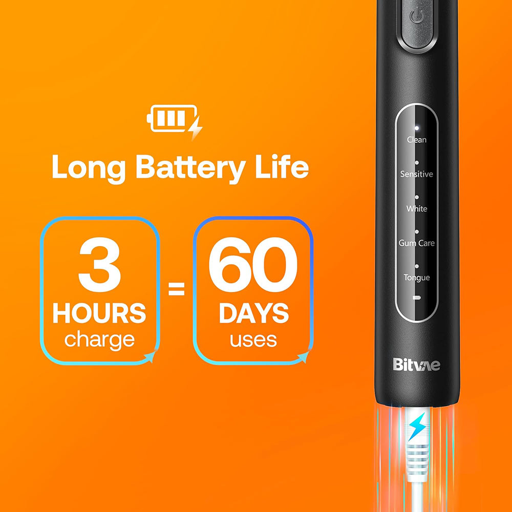 Bitvae - Electric Toothbrush (BVR1) - Soft, with 8 Heads, Smart Timer, Clean/Sensitive/White/Gum Care/Tongue Modes - Bla