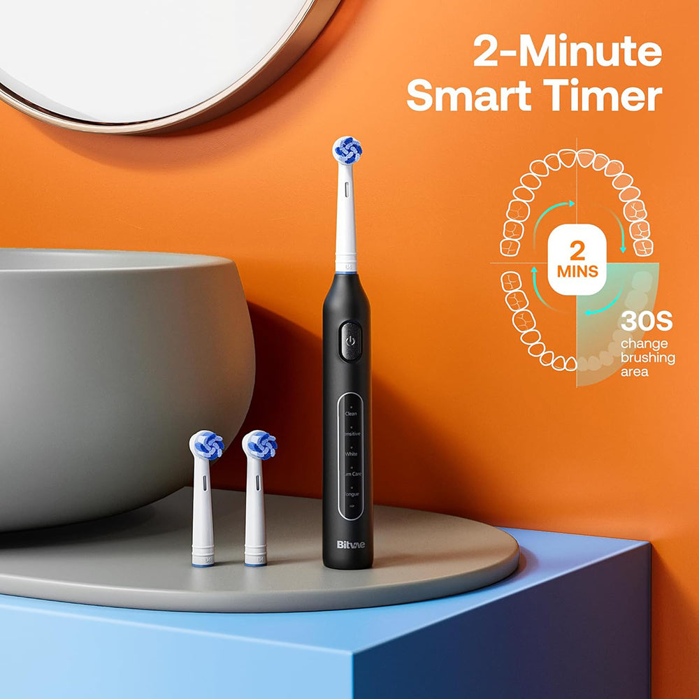 Bitvae - Electric Toothbrush (BVR1) - Soft, with 8 Heads, Smart Timer, Clean/Sensitive/White/Gum Care/Tongue Modes - Bla