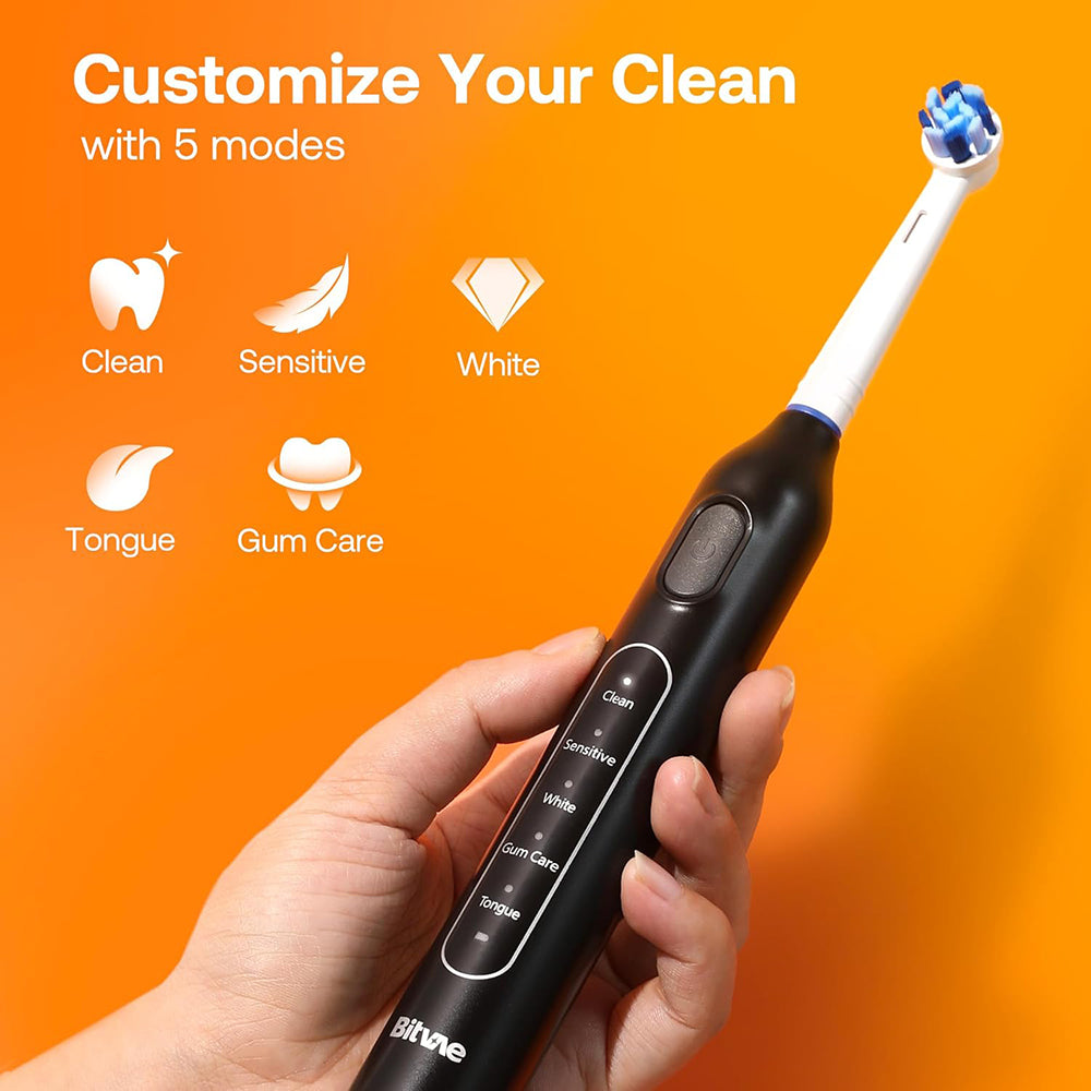 Bitvae - Electric Toothbrush (BVR1) - Soft, with 8 Heads, Smart Timer, Clean/Sensitive/White/Gum Care/Tongue Modes - Bla