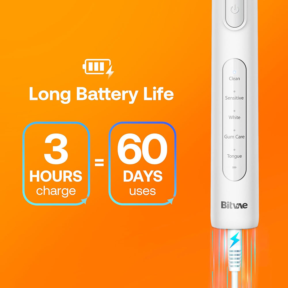 Bitvae - Electric Toothbrush (BVR1) - Soft, with 8 Heads, Smart Timer, Clean/Sensitive/White/Gum Care/Tongue Modes - Whi