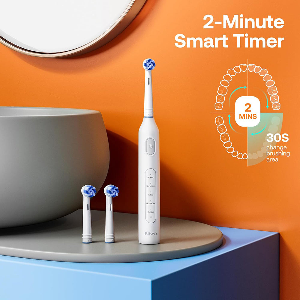 Bitvae - Electric Toothbrush (BVR1) - Soft, with 8 Heads, Smart Timer, Clean/Sensitive/White/Gum Care/Tongue Modes - Whi