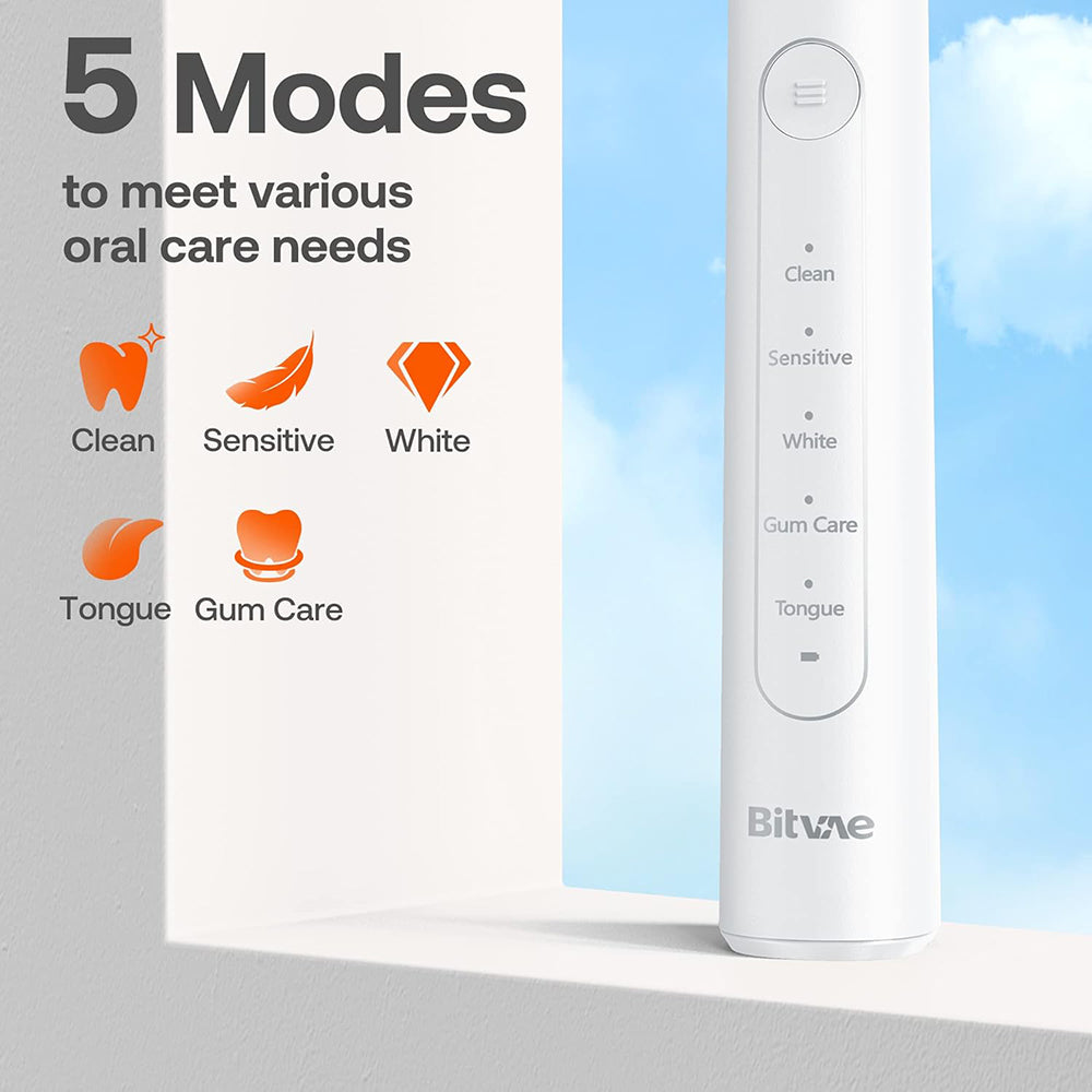 Bitvae - Electric Toothbrush (BVR2) - with 8 Heads, Smart Timer, Pressure Sensor, Travel Case, 5 Modes, Rechargeable - W