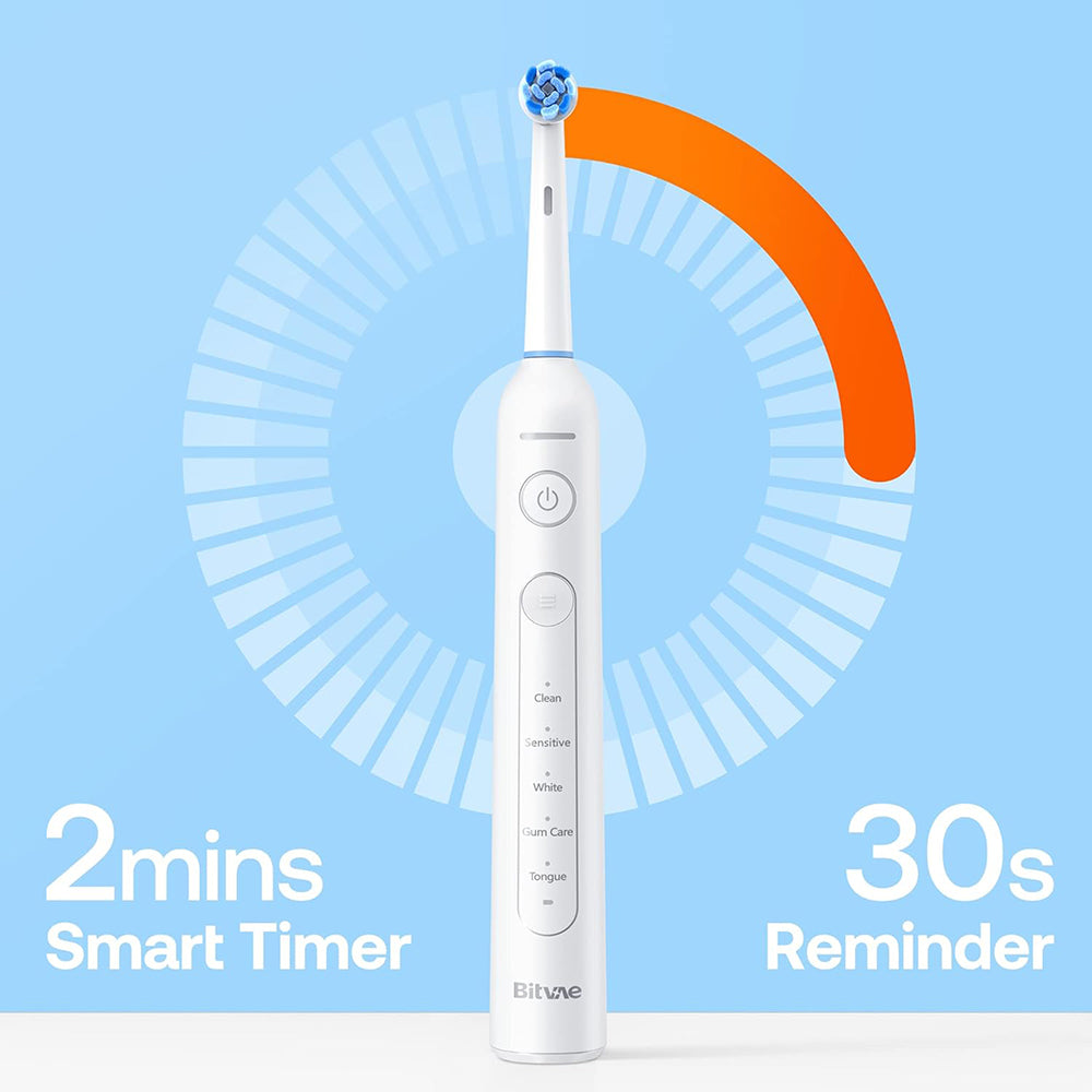 Bitvae - Electric Toothbrush (BVR2) - with 8 Heads, Smart Timer, Pressure Sensor, Travel Case, 5 Modes, Rechargeable - W