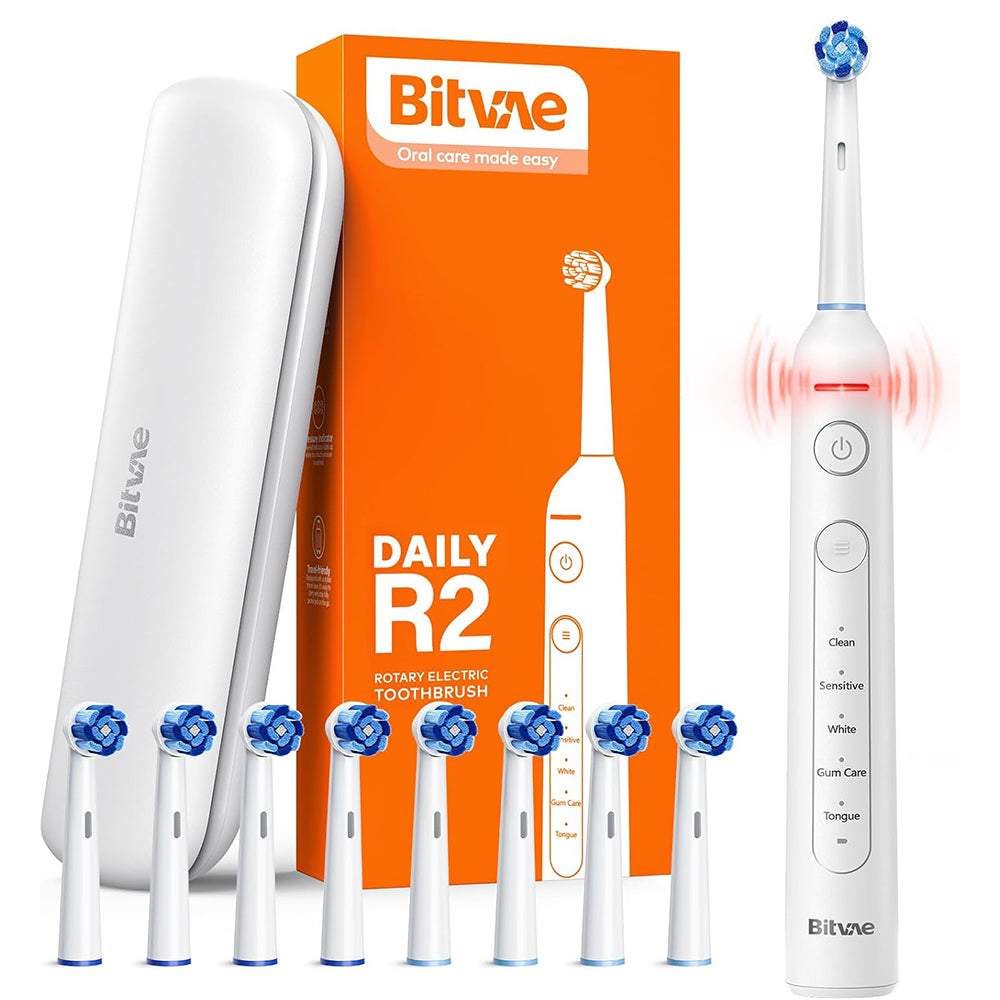 Bitvae - Electric Toothbrush (BVR2) - with 8 Heads, Smart Timer, Pressure Sensor, Travel Case, 5 Modes, Rechargeable - W