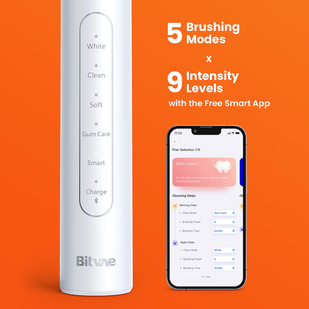 Bitvae - Electric Toothbrush (S2 Smart) - Ultrasonic, Soft, 8 Heads, Case, Red Light Pressure Sensor, 5Modes, 1400mAh - 
