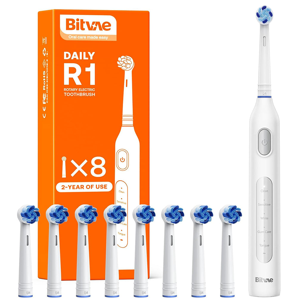 Bitvae - Electric Toothbrush (BVR1) - Soft, with 8 Heads, Smart Timer, Clean/Sensitive/White/Gum Care/Tongue Modes - Whi