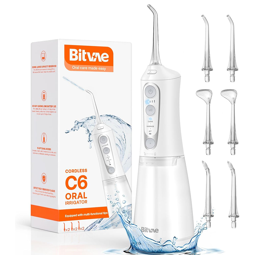 Bitvae - Water Flosser (BVC6) - Larger 300ml Size, with 6 Jet Tips, 3 Modes, 5 Intensities, Rechargeable - White