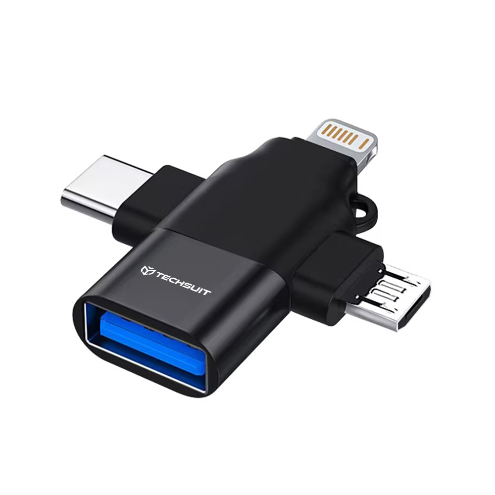 Techsuit - Premium OTG Adapter SoundVoltX (A17) - 4in1, USB to Micro-USB + Type-C + Lightning, Plug and Play - Black
