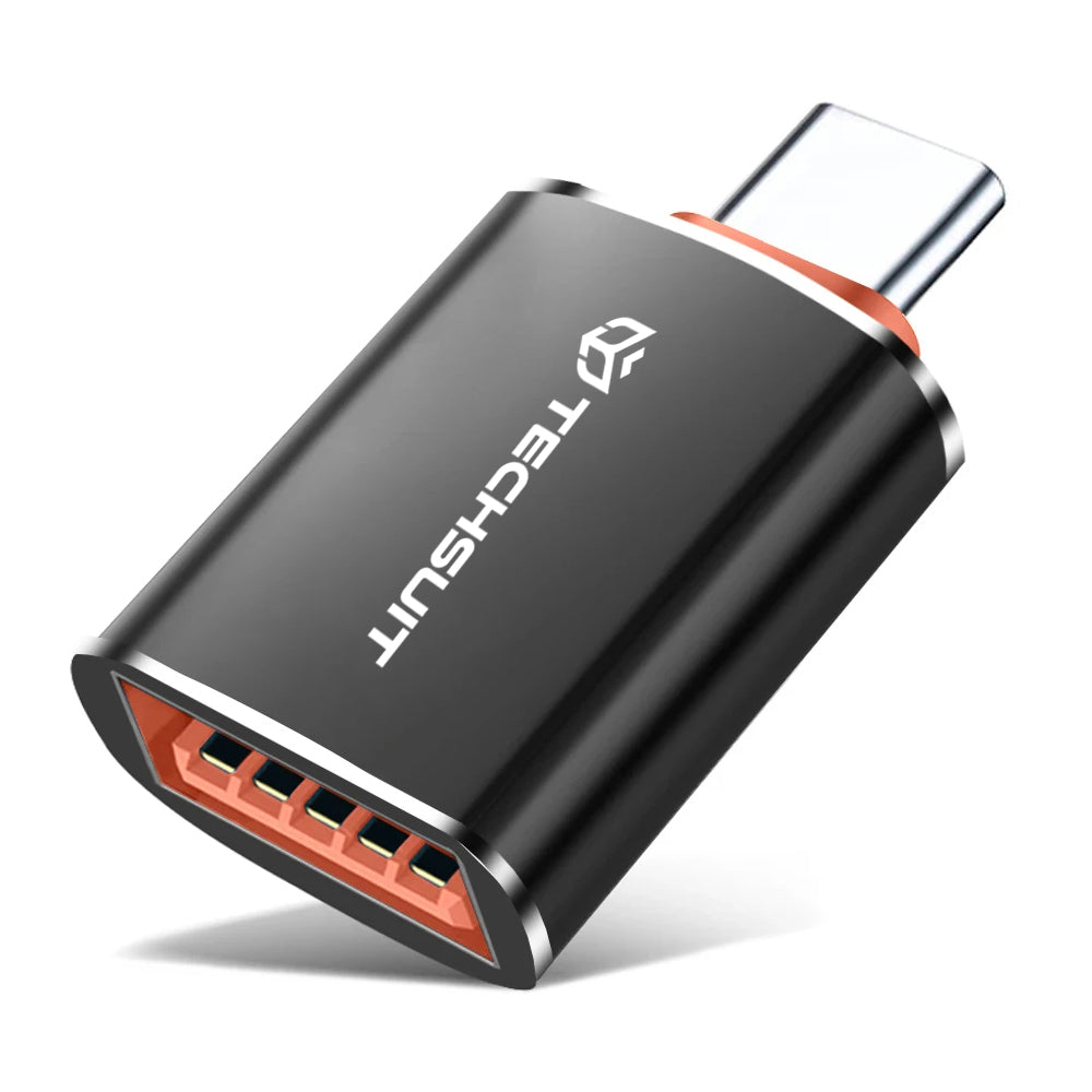 Techsuit - Premium OTG Adapter HyperPort (A2) - USB to Type-C, 5Gbps, 6A, 120W, Converter for PC/Laptop - Black / Orange