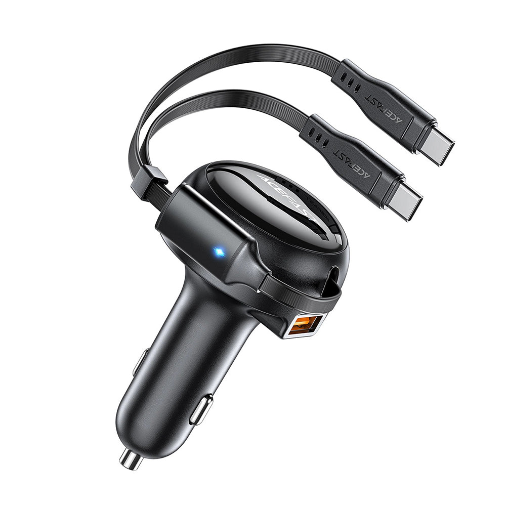 Acefast - Car Charger (B13) - with Retractable Cable, USB, 2x Type-C, 53W, 70 + 15cm - Black