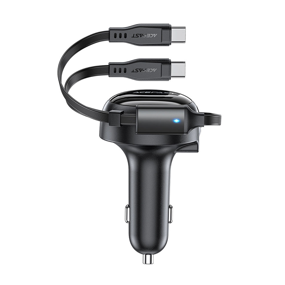 Acefast - Car Charger (B13) - with Retractable Cable, USB, 2x Type-C, 53W, 70 + 15cm - Black