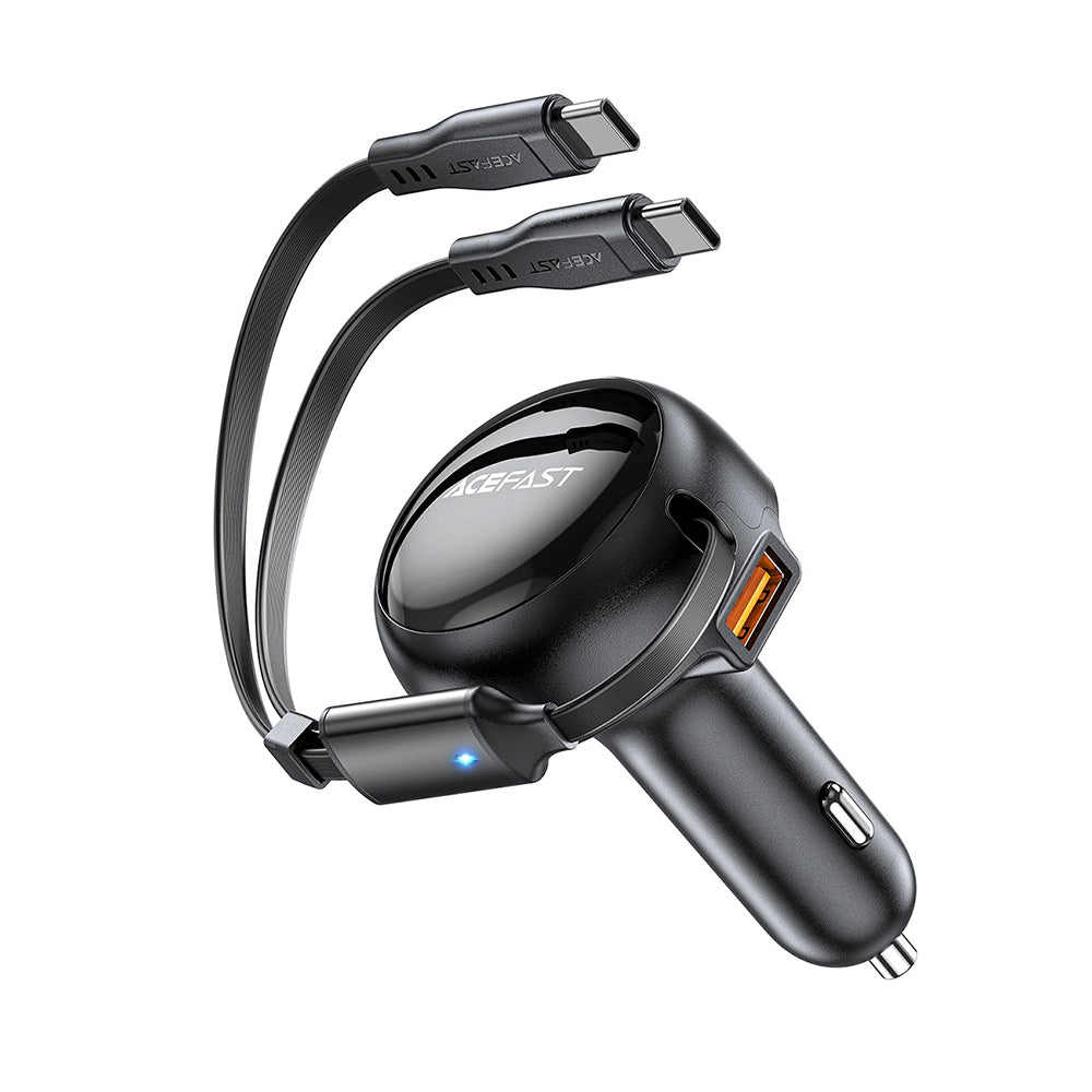 Acefast - Car Charger (B13) - with Retractable Cable, USB, 2x Type-C, 53W, 70 + 15cm - Black