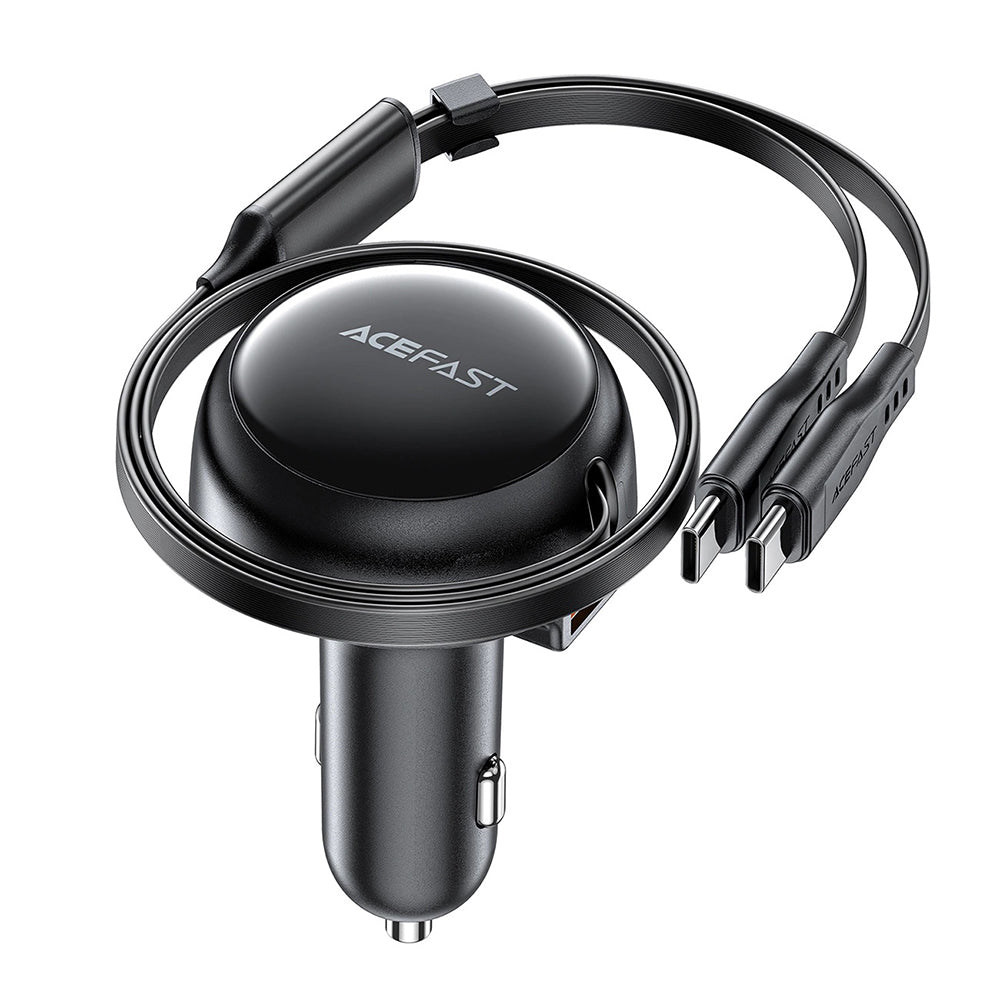 Acefast - Car Charger (B13) - with Retractable Cable, USB, 2x Type-C, 53W, 70 + 15cm - Black