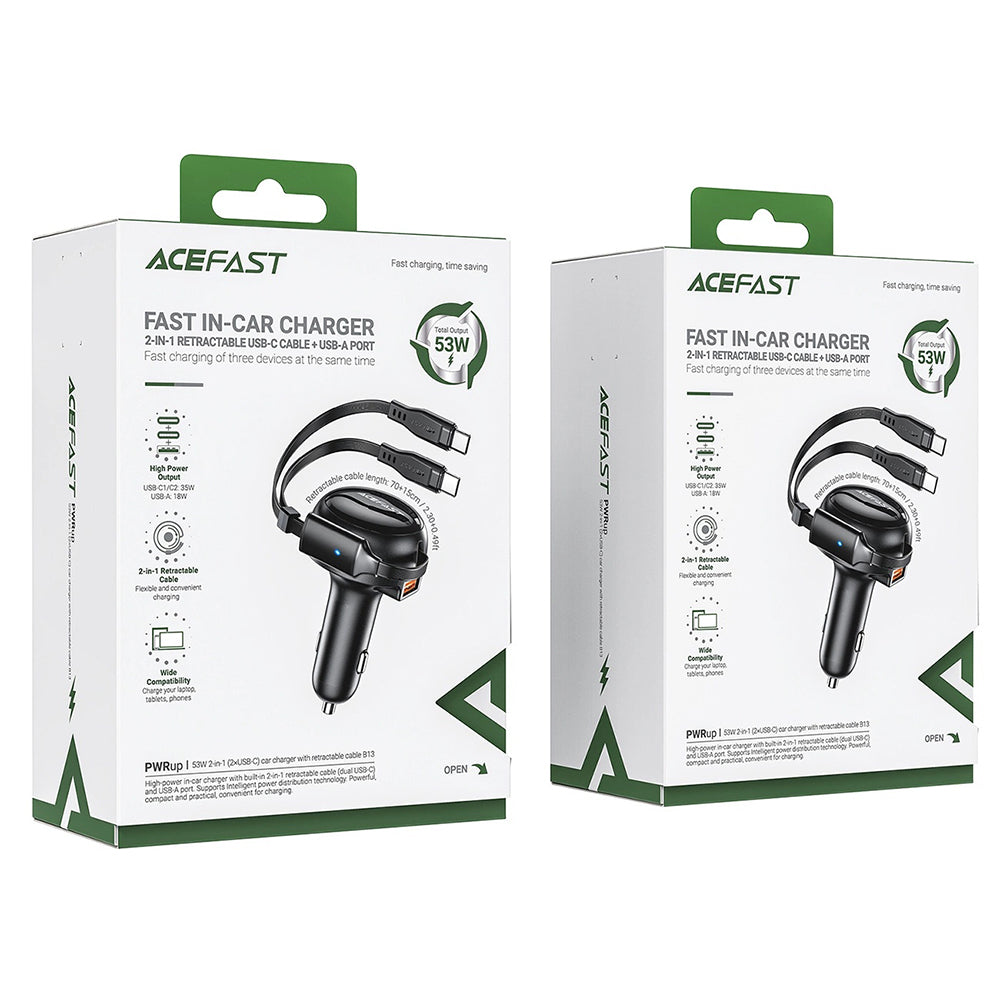 Acefast - Car Charger (B13) - with Retractable Cable, USB, 2x Type-C, 53W, 70 + 15cm - Black