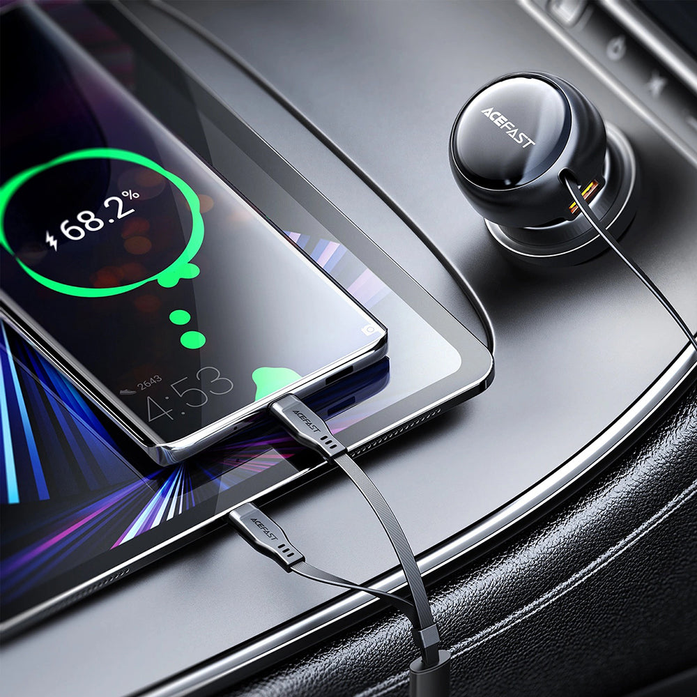 Acefast - Car Charger (B13) - with Retractable Cable, USB, 2x Type-C, 53W, 70 + 15cm - Black