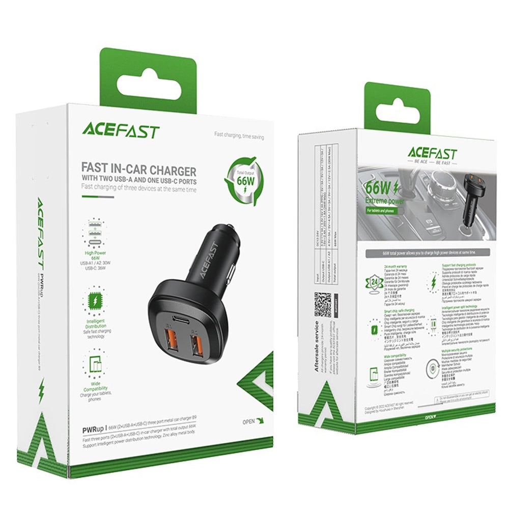 Acefast - Car Charger (B9) - 2x USB, Type-C, Fast Charging, 66W, PD3.0, QC4+, Zinc Alloy - Black